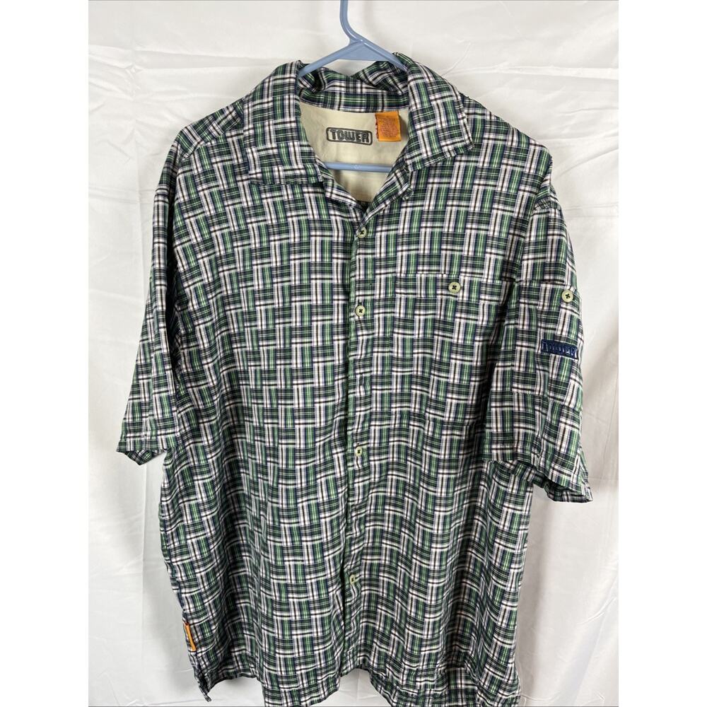 Vintage Tower Bay Button Down Short Sleeve Shirt Green Plaid Size Large. FLAW